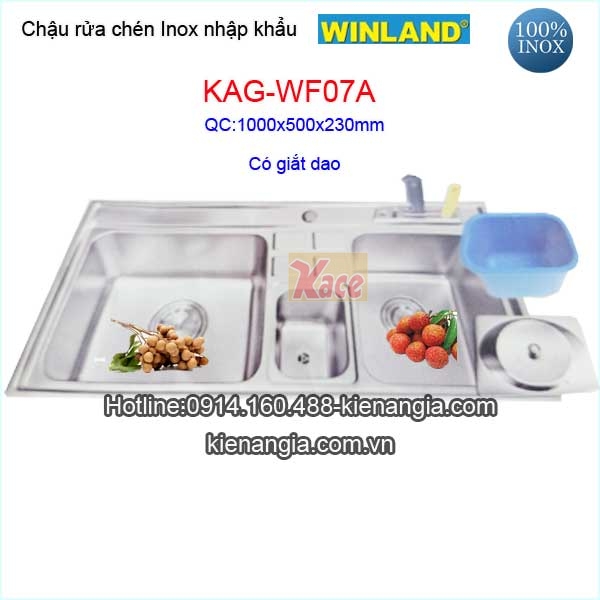 Chậu inox nhập khẩu 2 hộc có hộc rác 100X50 cm  Winland KAG-WF07A