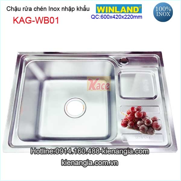 Chậu rửa chén 1 hộc 1 cánh 60X42 cm inox Winland KAG-WB01