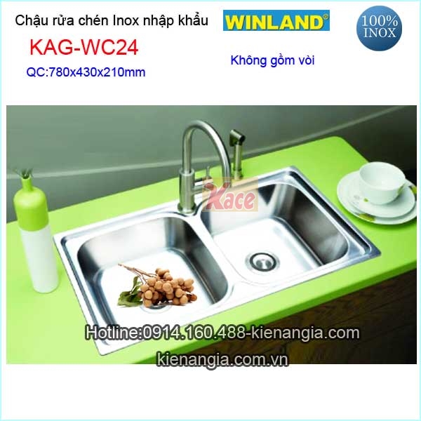 Chậu rửa chén inox 2 hộc 78x43 Winland KAG-WC24