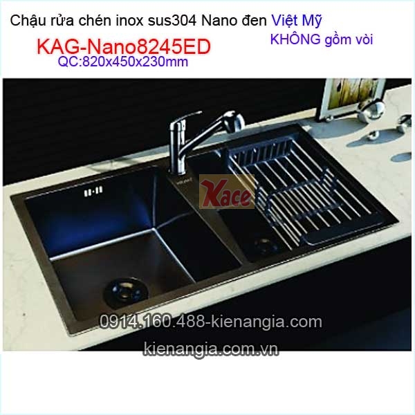 Chậu rửa bát NANO ĐEN  inox sus304 2 hộc Việt 82x45 x23cm Mỹ KAG-Nano8245E