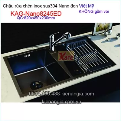 Chậu rửa bát NANO ĐEN  inox sus304 2 hộc Việt 82x45 x23cm Mỹ KAG-Nano8245E