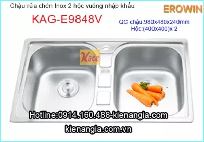 Chậu rửa bát EROWIN Inox 2 hộc vuông KAG-E9848V
