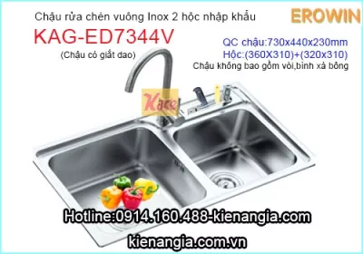 Chậu rửa chén EROWIN inox 2 hộc vuông gọn KAG-ED7344V