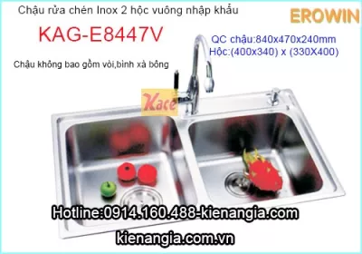 Chậu rửa chén EROWIN inox 2 hộc vuông KAG-E8447V