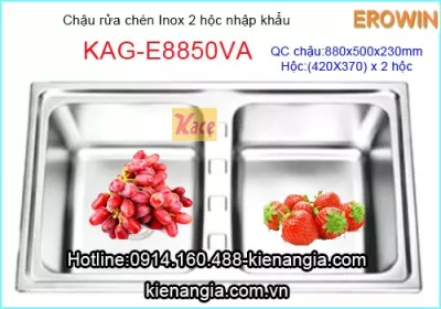 Chậu rửa chén EROWIN inox 2 hộc vuông KAG-E8850VA