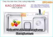 Chậu rửa chén EROWIN inox 2 hộc vuông KAG-ED8644V
