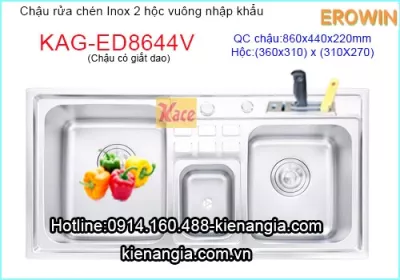 Chậu rửa chén EROWIN inox 2 hộc vuông KAG-ED8644V