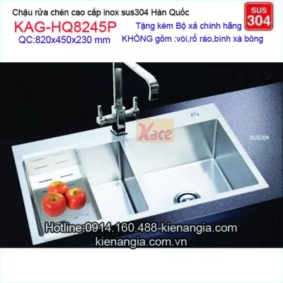 Chậu rửa vuông 2 hộc đều 8245 inox sus304 đúc KAG-HQ8245P