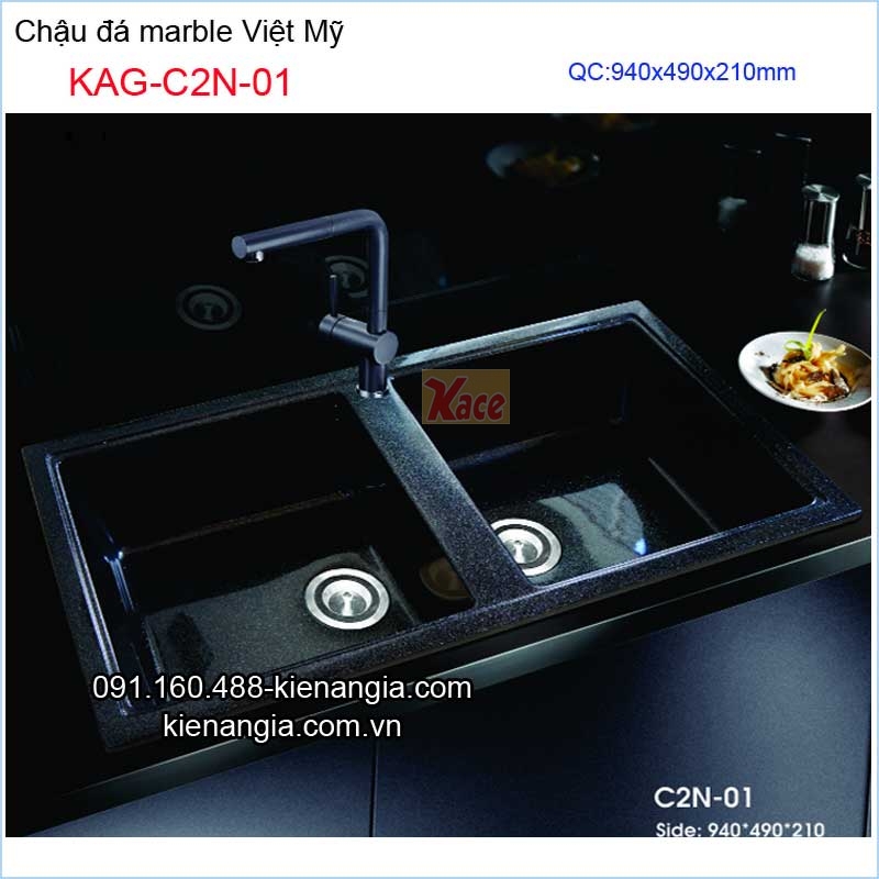 Chậu đá marble 2 hộc 94x49 x21cm Việt Mỹ KAG-C2N-01