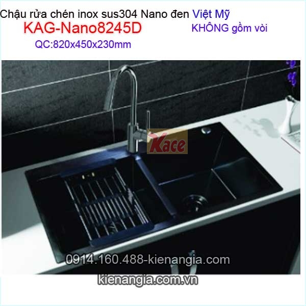 Chậu rửa bát NANO ĐEN  inox sus304 2 hộc 85x45 x23cm Việt Mỹ KAG-Nano8245D