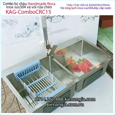 Combo chậu 2 hộc vuông đều Handmade-Roca-8245-KAG-ComboCRC15
