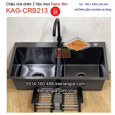Chậu Nano đen 2 hộc đều 78x43 cm KAG-CRB213