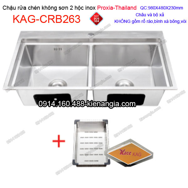Chậu rửa chén 2 hộc 98x48 cm inox 304 không sơn Proxia KAG-CRB263
