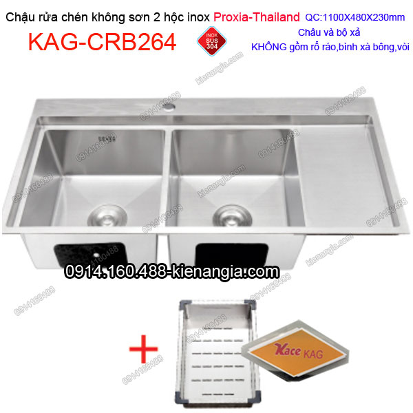 Chậu rửa chén 2 hộc 110x48 cm  inox 304 không sơn Proxia KAG-CRB264