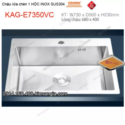 Chậu rửa chén 1 hộc 73x50 cm  inox304 EROWIN KAG-E7350VC