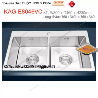 Chậu rửa chén 2 hộc vuông 80x46 cm  inox 304 EROWIN KAG-E8046VC