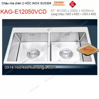 Chậu rửa chén 2 hộc vuông 120x50 cm  inox 304 EROWIN KAG-E12050VCD