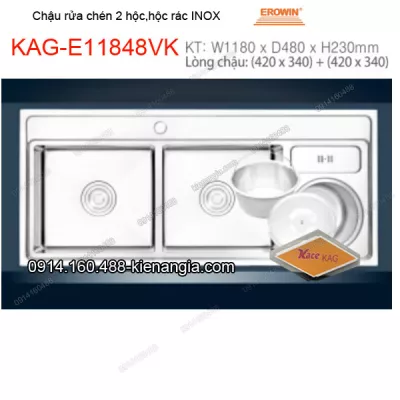 Chậu rửa chén 2 hộc ,hộc rác 110x468cm  inox  EROWIN KAG-E11848VK