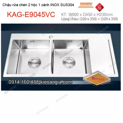 Chậu rửa chén 2 hộc 1 cánh 90x45 cm  inox 304 EROWIN KAG-E9045VC
