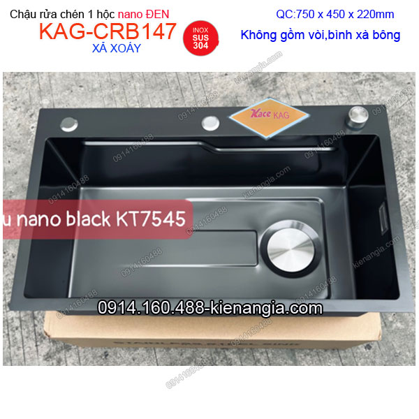Chậu rửa chén 1 hộc 75x45 cm Xả XOAY phủ NaNo đen KAG-CRB147