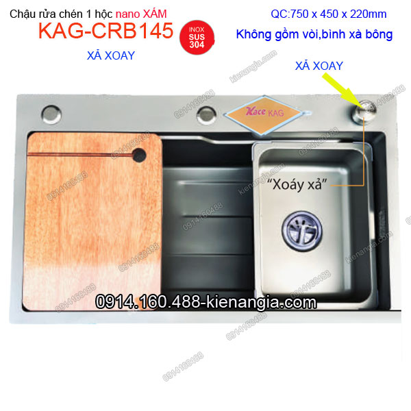 Chậu rửa chén 1 hộc 75x45 cm Xả XOAY phủ NaNo XÁM KAG-CRB145