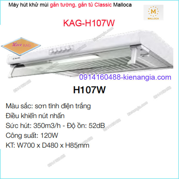 Máy hút khử mùi TRẮNG 70cm gắn tường Malloca KAG-H107W