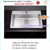 Chậu rửa chén Vuông inox 304 1 hộc 750x430mm Malloca KAG-MS6302ST