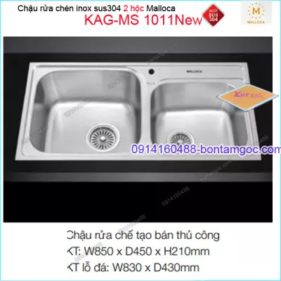 Chậu rửa chén 2 hộc inox 304 850x450mm Malloca KAG-MS1011New