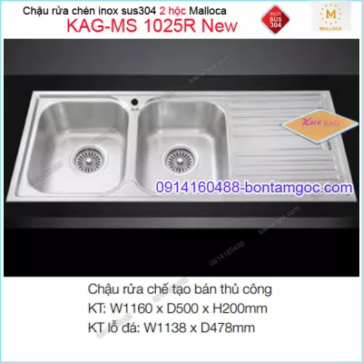 Chậu rửa chén 2 hộc inox 304 1160x500mm Malloca KAG-MS-1025R-New