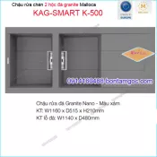 Chậu rửa chén 2 hộc đá Granite nano XÁM 86x51.5 cm Malloca KAG-SMART-K500