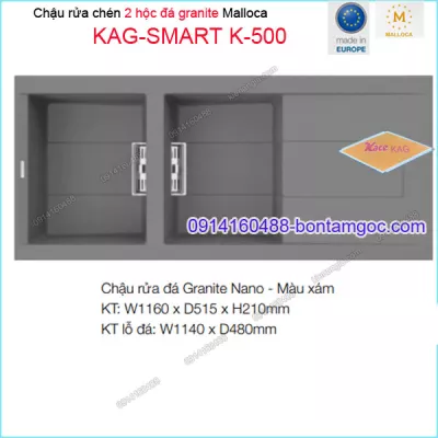 Chậu rửa chén 2 hộc đá Granite nano XÁM 86x51.5 cm Malloca KAG-SMART-K500