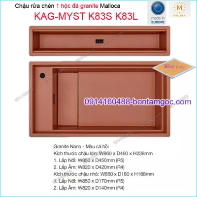 Chậu âm mặt đá bằng đá granite màu cá hồi 1 hộc Malloca KAG-MYST-K83S-K83L