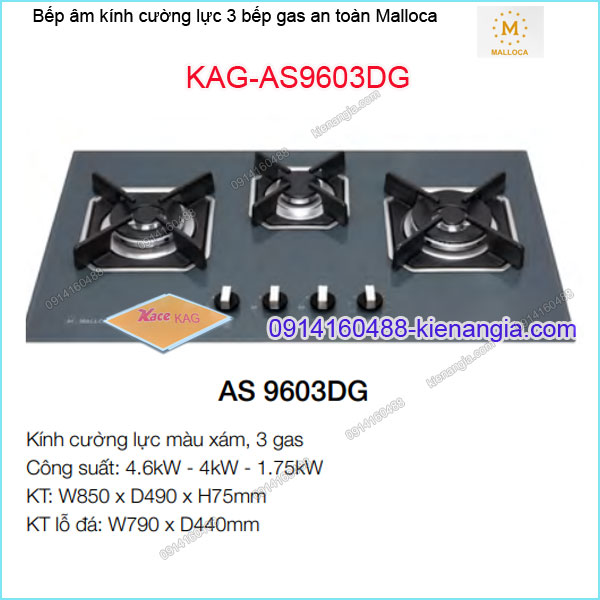 Bếp 3 gas an toàn Malloca chính hãng KAG-AS9603DG