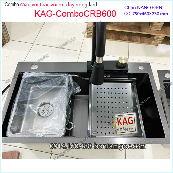 Combo chậu rửa chén,vòi thác ,rút dây NANO ĐEN 75X46 cm KAG-ComboCRB600