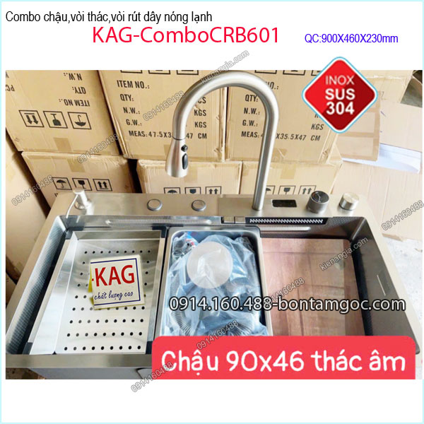 Combo chậu rửa chén,vòi thác ,rút dây NANO ĐEN  INOX SUS304 90X46 cm KAG-ComboCRB601