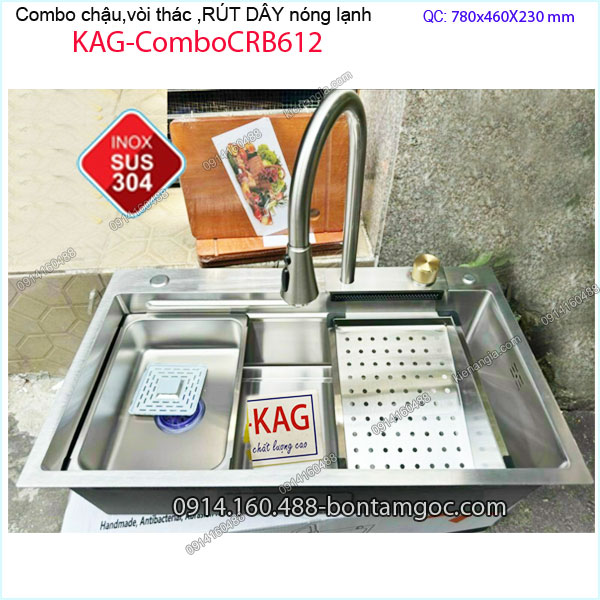 Combo chậu rửa chén,vòi thác ,rút dây 78X46cm inox KAG-ComboCRB612
