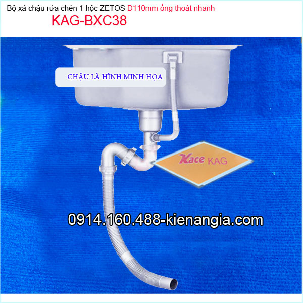 Bộ xả chậu 1 hộc ZETOS đầu nhựa đúc D110 KAG-BXC38