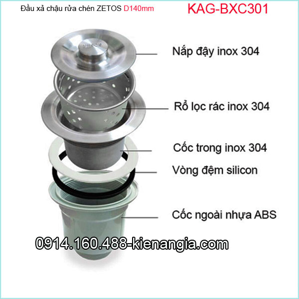 Đầu xả chậu  ZETOS D140 nhựa đúc KAG-BXC301