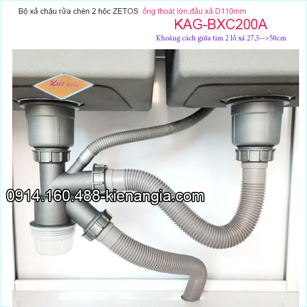 Bộ xả chậu rửa chén 2 hộc ZETOS D110  ống thoát lớn KAG-BXC200A