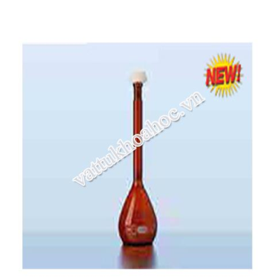 Bình định mức thủy tinh nâu, nút nhựa PE mới, class A, chứng nhận theo lô DURAN