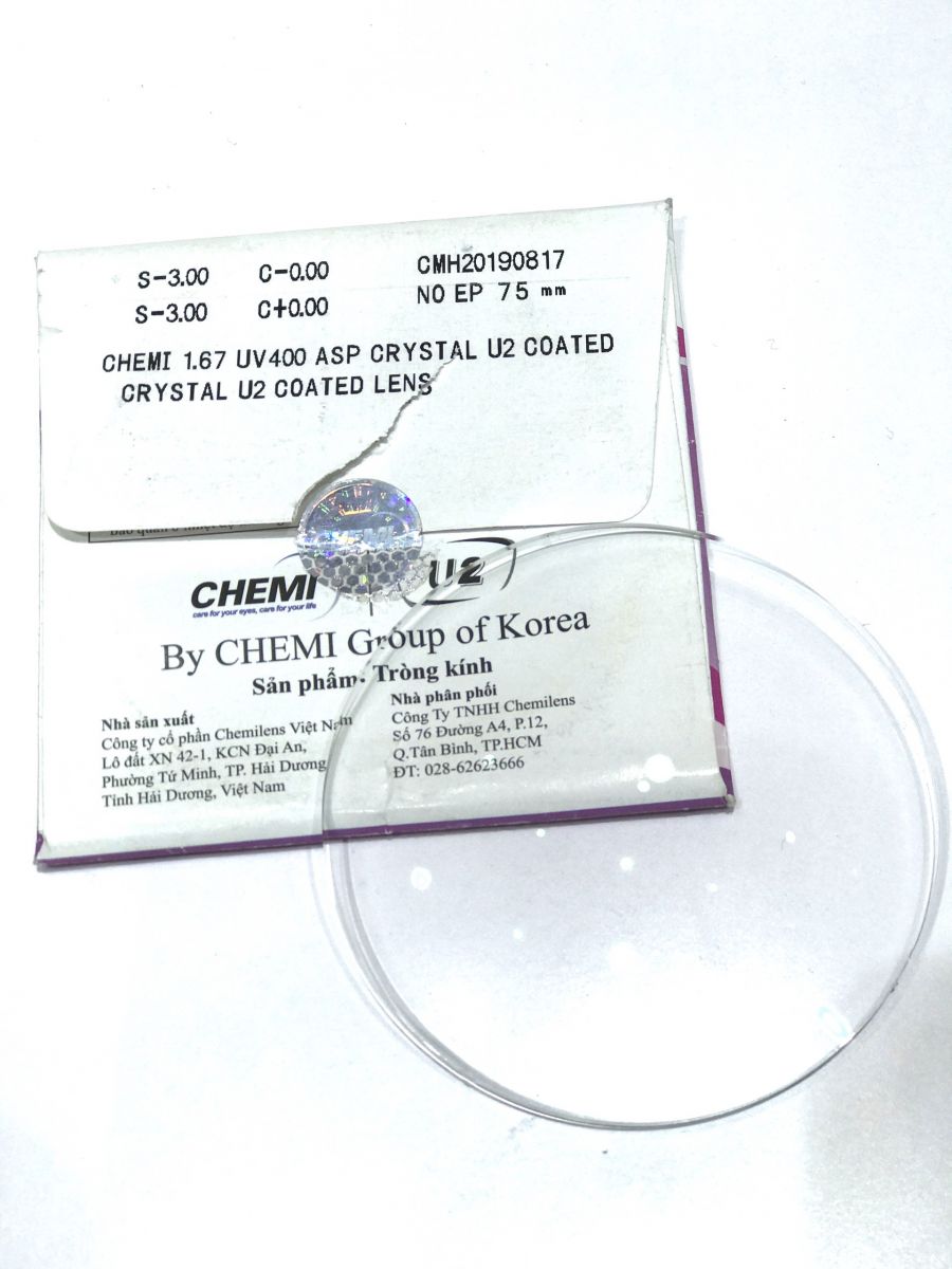 Tròng kính Siêu mỏng Hàn Quốc CHEMI UV400 - CHEMI CRYSTAL 1.67 SPHERIC U2 COATED LENS