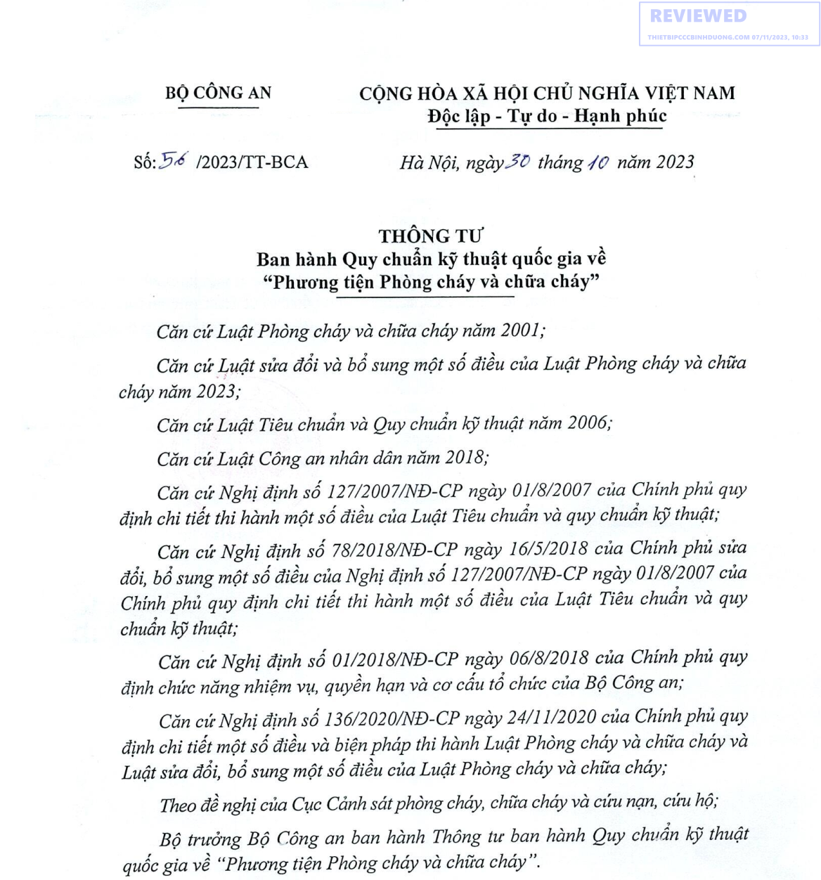 QUY CHUẨN QCVN 03:2023/BCA (QC03 BCA)