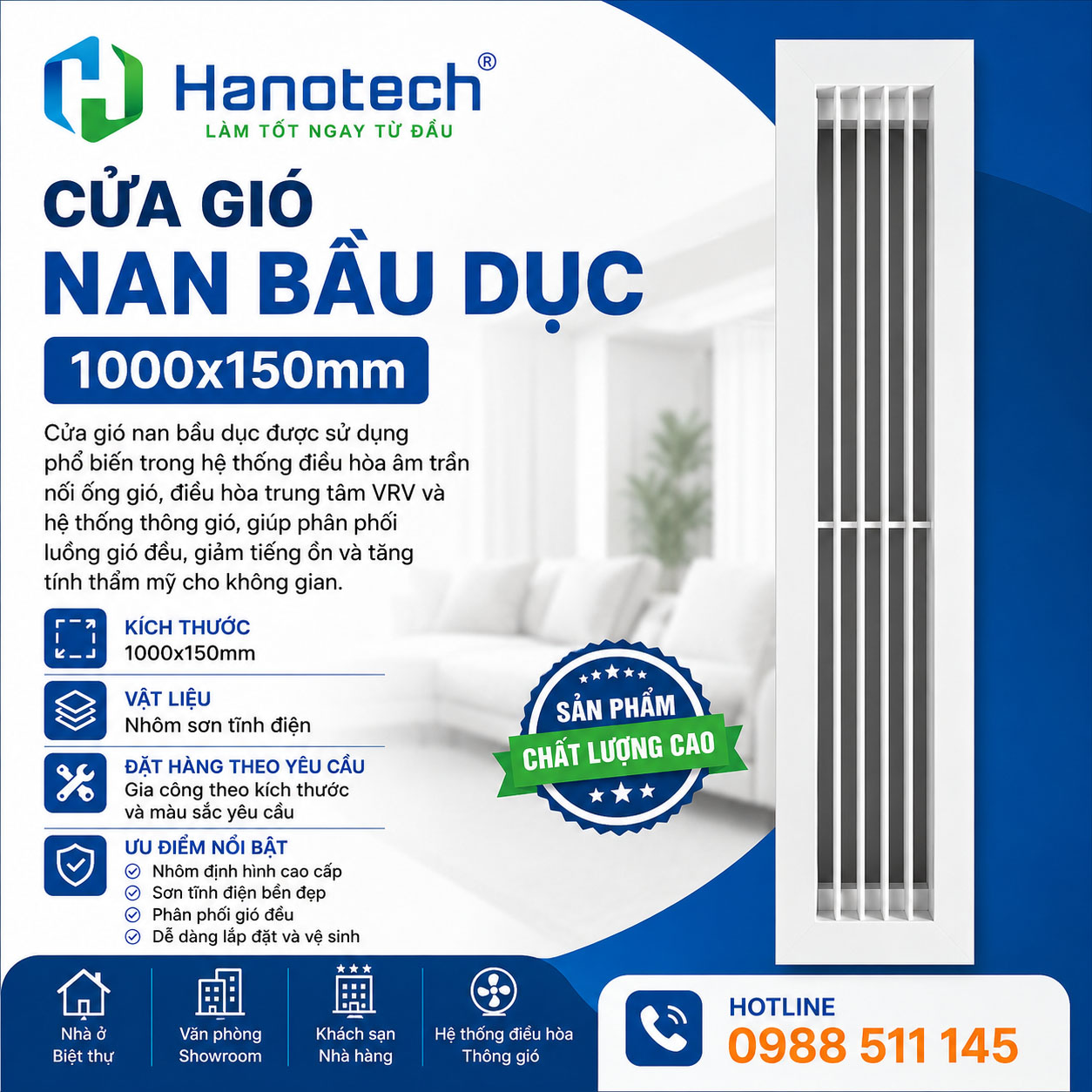 Cửa gió nan bầu dục 1000x150mm