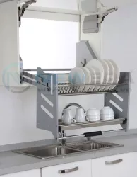 Kệ bát đĩa di động 2 tầng NewEra lắp tủ trên, inox 304, giảm chấn, rộng 800mm