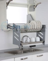 Kệ bát đĩa di động 2 tầng NewEra lắp tủ trên, inox 304, giảm chấn, rộng 900mm
