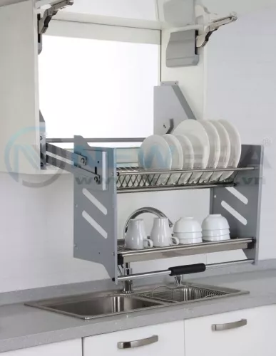 Kệ bát đĩa di động 2 tầng NewEra lắp tủ trên, inox 304, giảm chấn, rộng 900mm