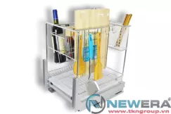 Giá kệ dao thớt, gia vị, rộng 350mm, ray âm giảm chấn, có khay hứng nước