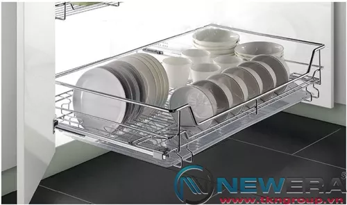 Kệ ngăn kéo ray âm giảm chấn đựng bát đũa NewEra cánh mở có khay hứng nước, rộng 600mm