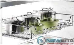Kệ ngăn kéo ray âm giảm chấn đựng xoong nồi NewEra cánh mở có khay hứng nước, rộng 700mm