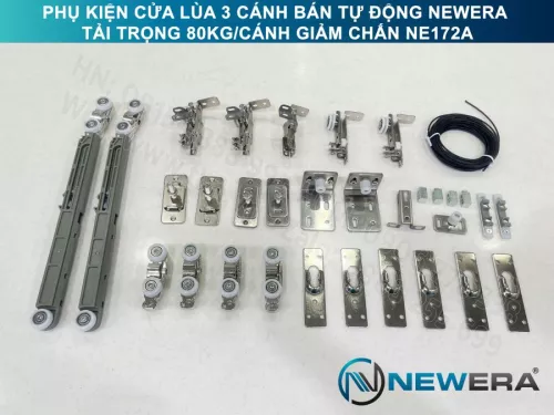 Bộ phụ kiện cửa lùa 3 cánh bán tự động NewEra tải trọng 80kg/cánh giảm chấn NE172A